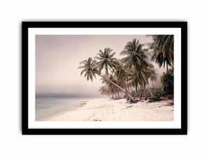 Misty tropical palm beach canvas art for soft coastal bedroom decor.