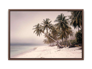 Misty tropical palm beach canvas art for soft coastal bedroom decor.