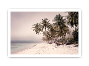 Misty tropical palm beach canvas art for soft coastal bedroom decor.