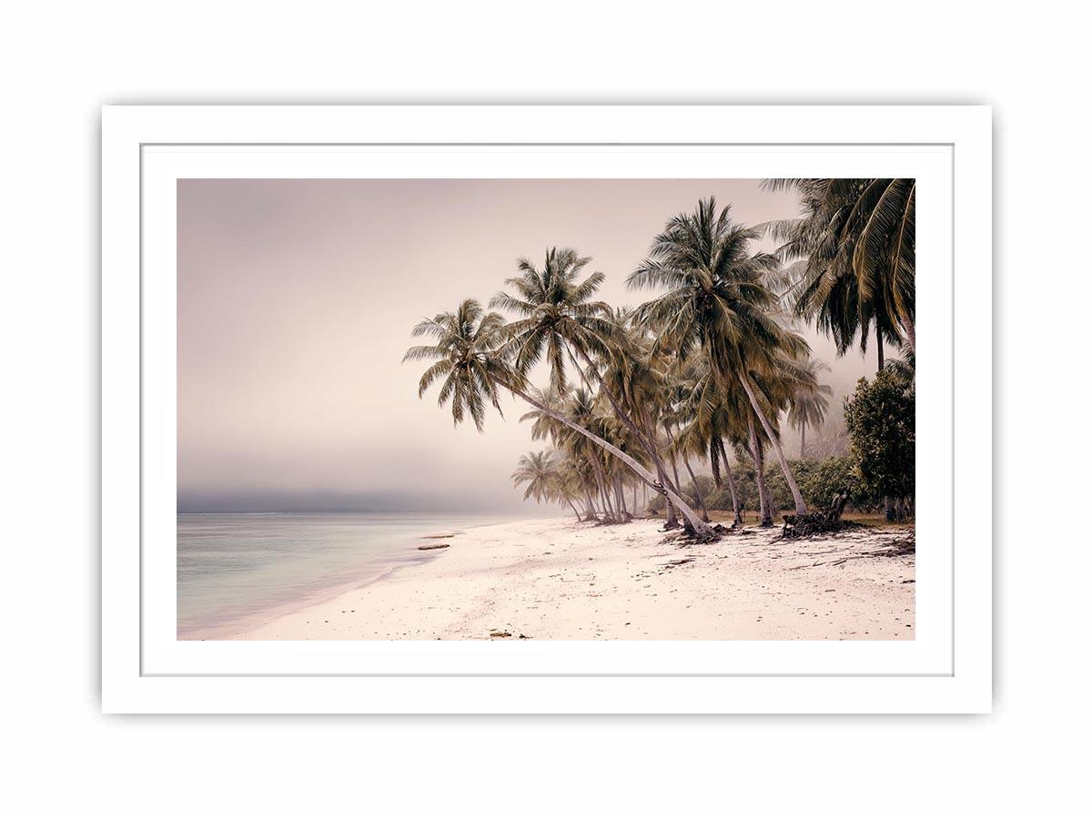 Misty tropical palm beach canvas art for soft coastal bedroom decor.