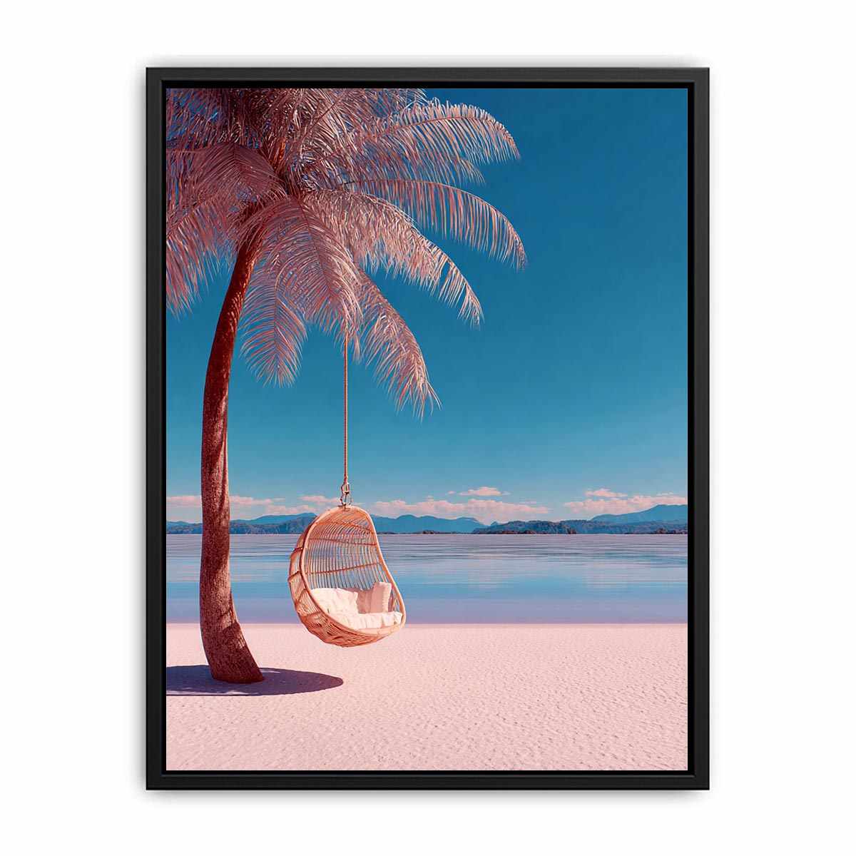 Pink tropical palm swing canvas art for colorful beach house bedroom decor.