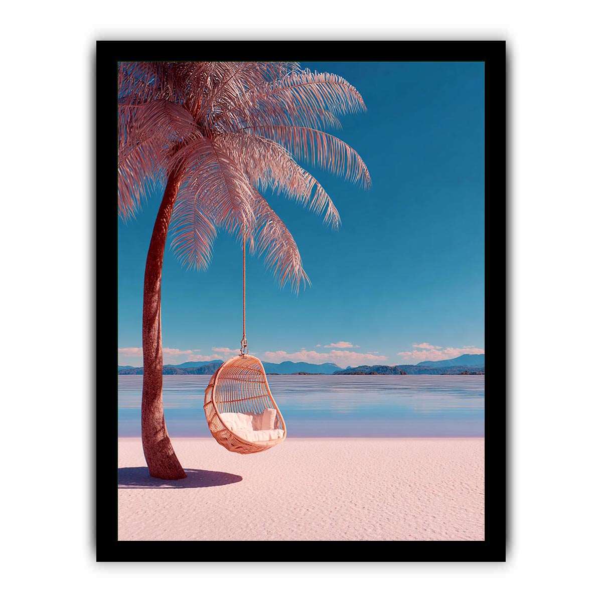 Pink tropical palm swing canvas art for colorful beach house bedroom decor.