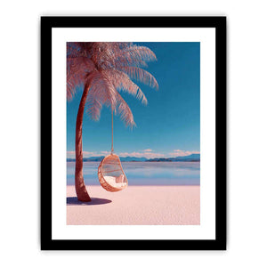 Pink tropical palm swing canvas art for colorful beach house bedroom decor.