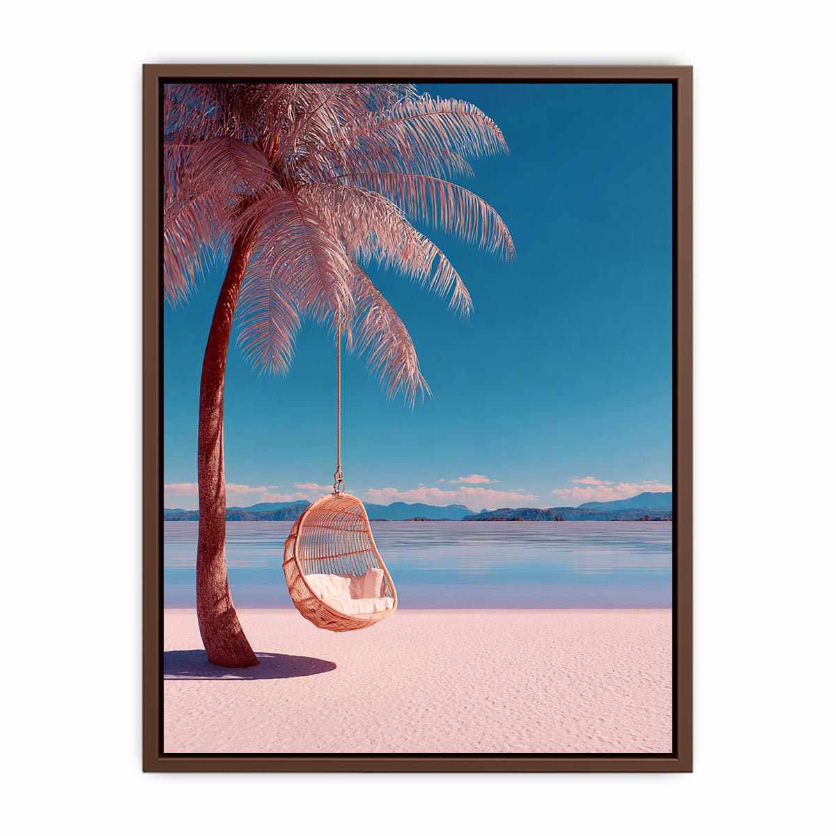Pink tropical palm swing canvas art for colorful beach house bedroom decor.