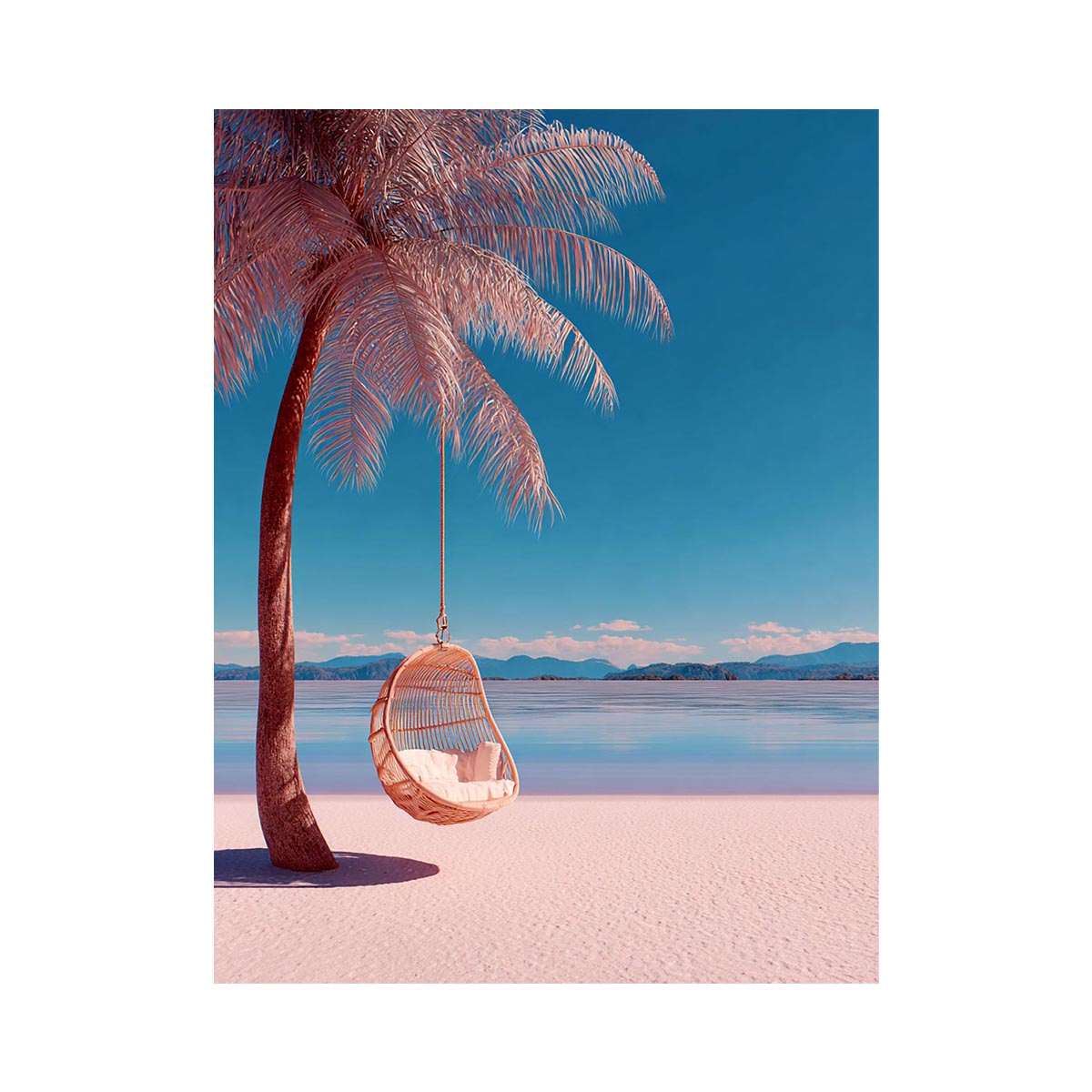 Pink tropical palm swing canvas art for colorful beach house bedroom decor.