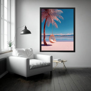 Pink tropical palm swing canvas art for colorful beach house bedroom decor.