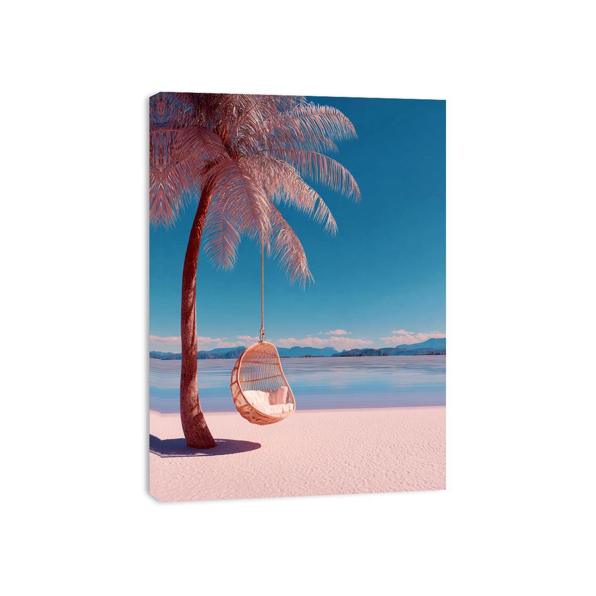 Pink tropical palm swing canvas art for colorful beach house bedroom decor.