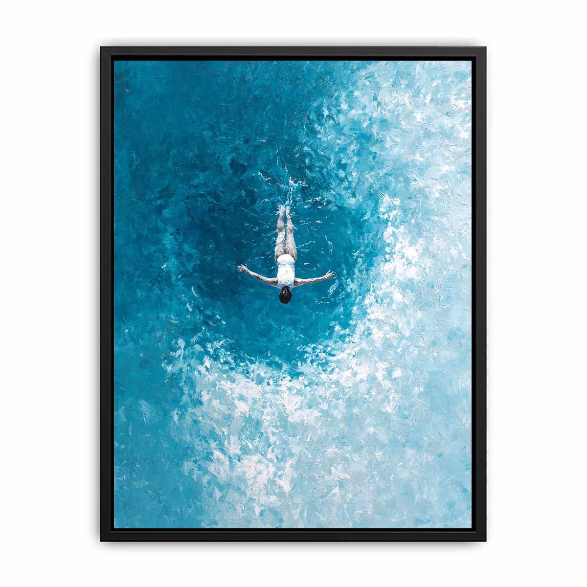 Turquoise ocean swimmer canvas art for coastal bathroom or living room decor.