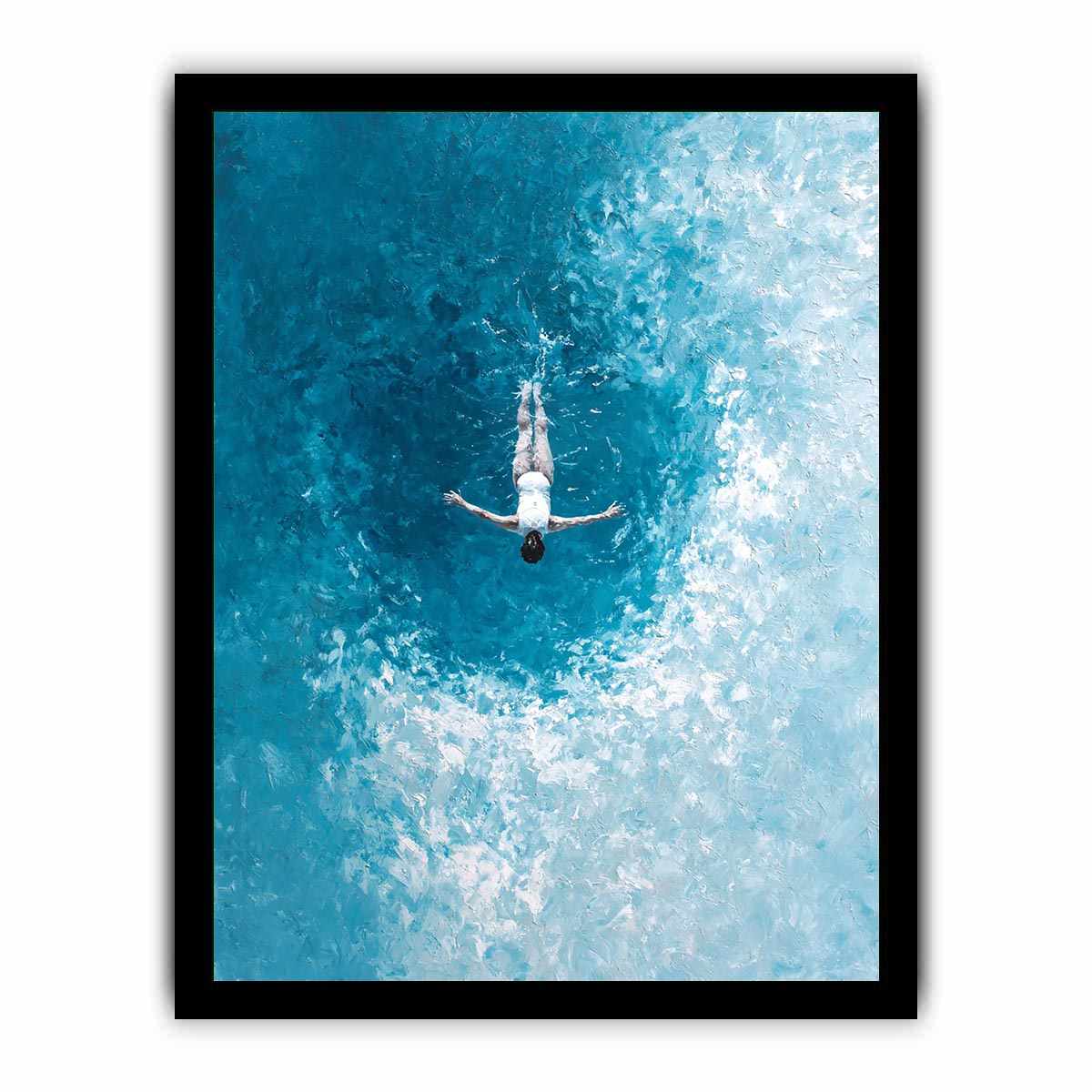 Turquoise ocean swimmer canvas art for coastal bathroom or living room decor.