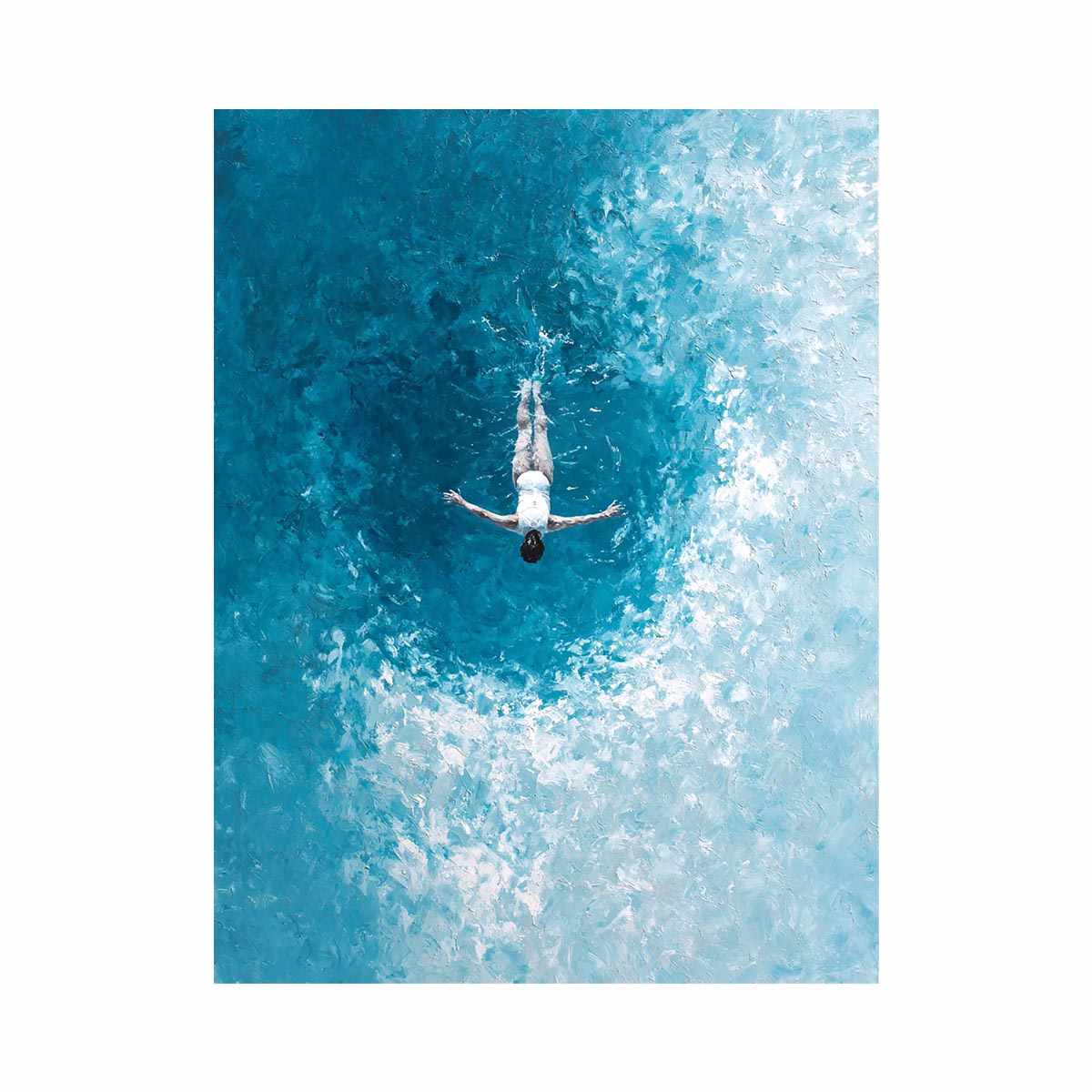 Turquoise ocean swimmer canvas art for coastal bathroom or living room decor.