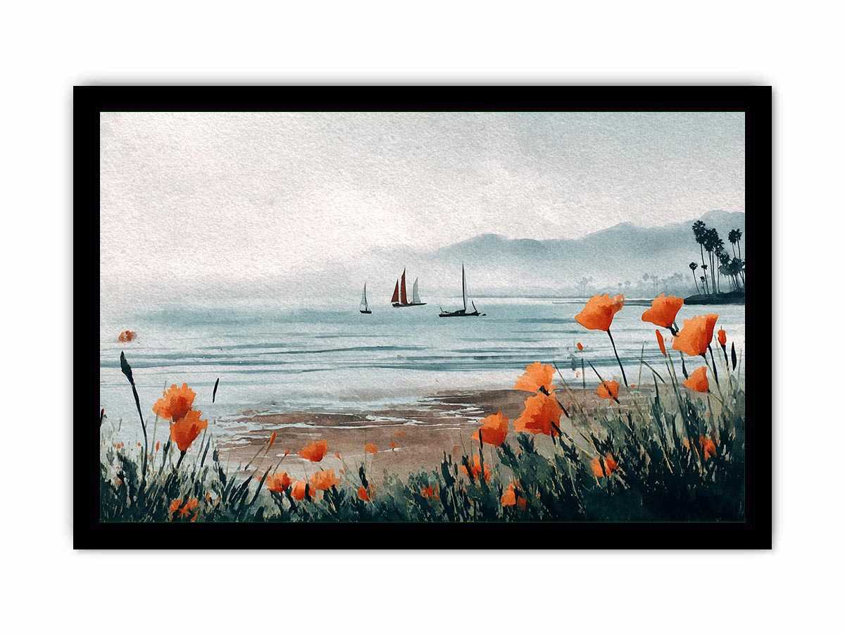 Orange poppy harbor watercolor canvas art for coastal living room decor.