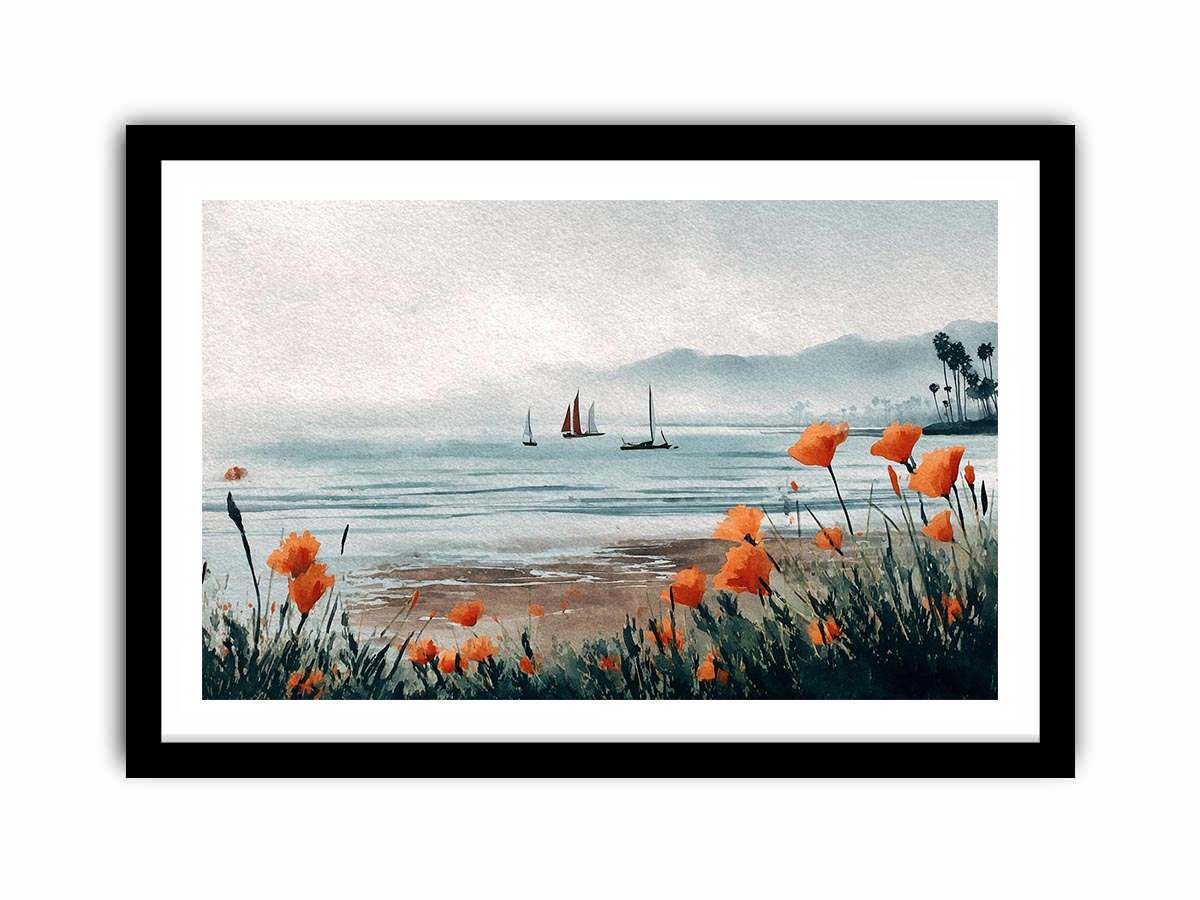 Orange poppy harbor watercolor canvas art for coastal living room decor.