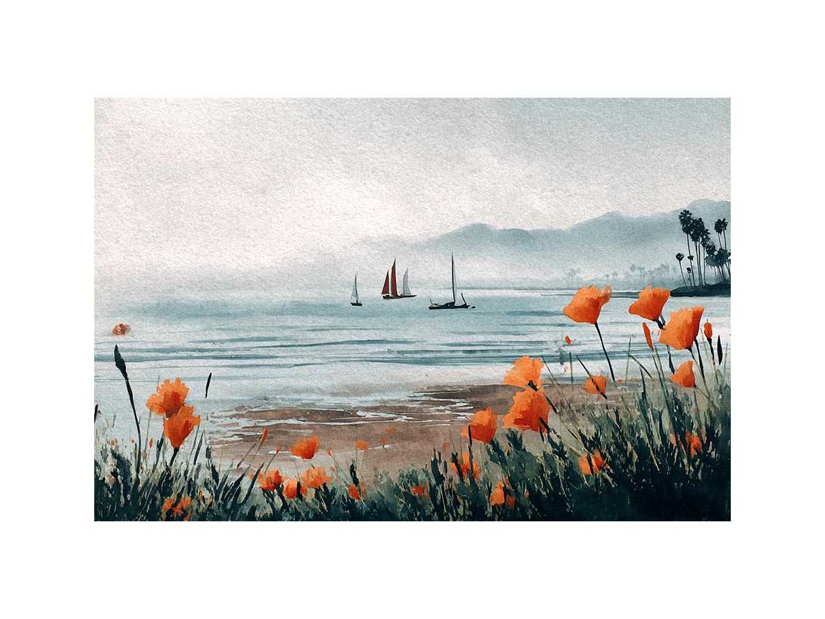 Orange poppy harbor watercolor canvas art for coastal living room decor.