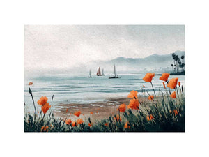 Orange poppy harbor watercolor canvas art for coastal living room decor.