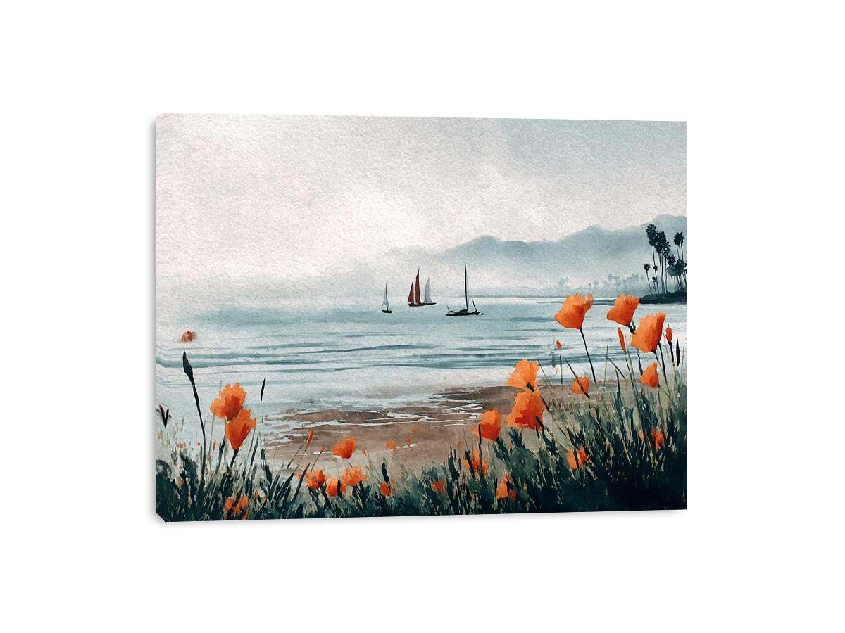 Orange poppy harbor watercolor canvas art for coastal living room decor.