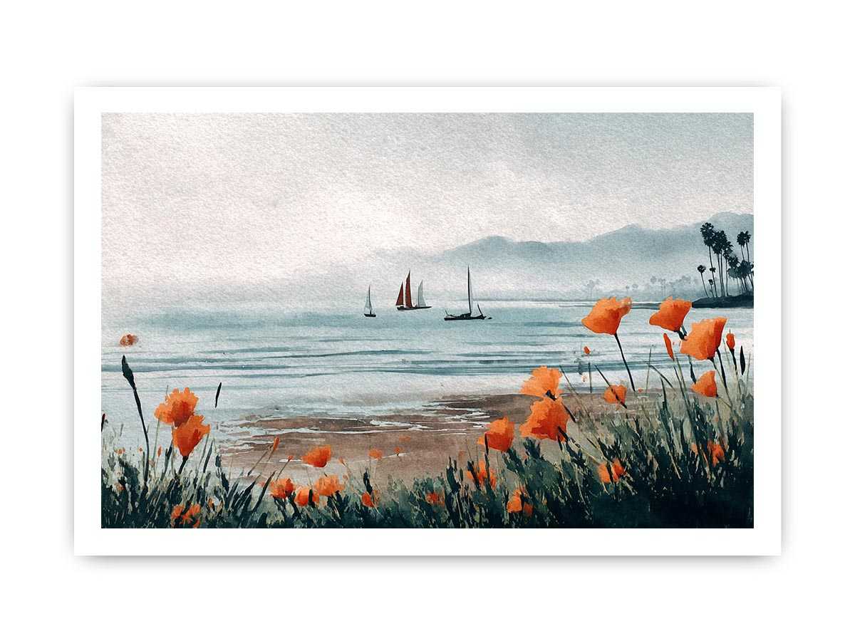 Orange poppy harbor watercolor canvas art for coastal living room decor.