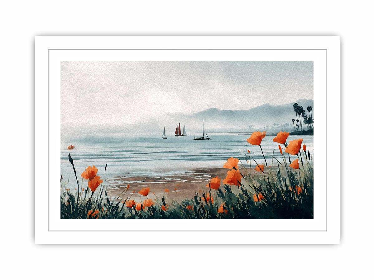 Orange poppy harbor watercolor canvas art for coastal living room decor.