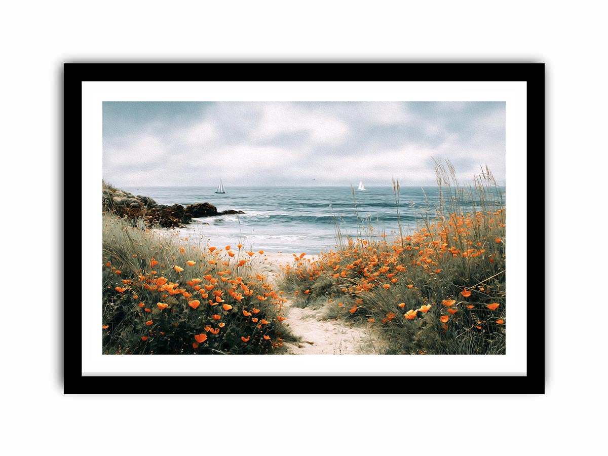 Orange poppy coastal path canvas art for cottage living room wall decor.
