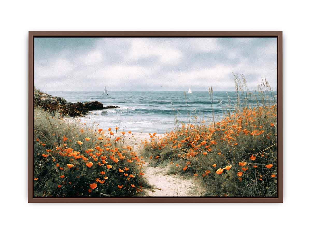 Orange poppy coastal path canvas art for cottage living room wall decor.
