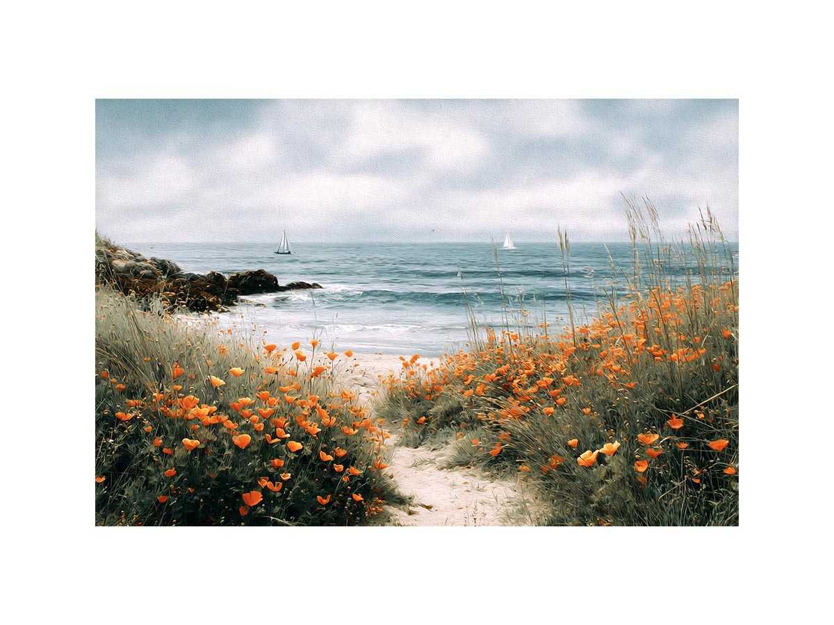 Orange poppy coastal path canvas art for cottage living room wall decor.