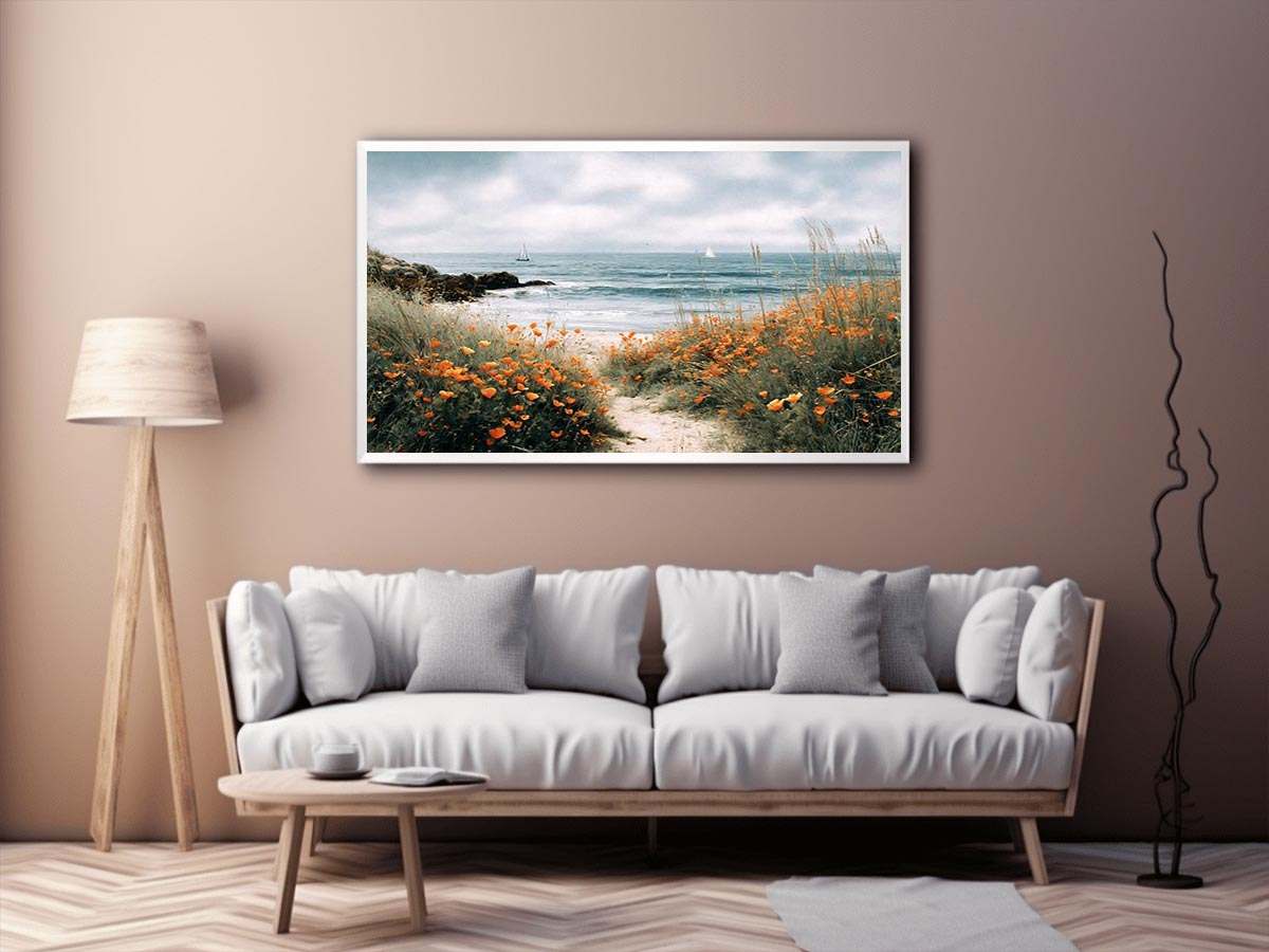 Orange poppy coastal path canvas art for cottage living room wall decor.
