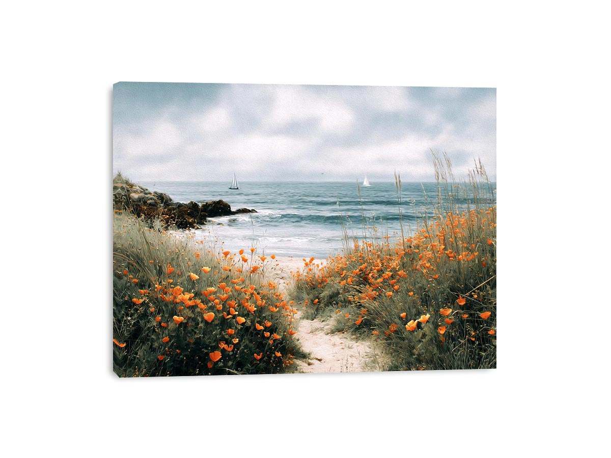 Orange poppy coastal path canvas art for cottage living room wall decor.