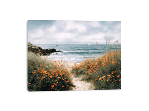 Orange poppy coastal path canvas art for cottage living room wall decor.