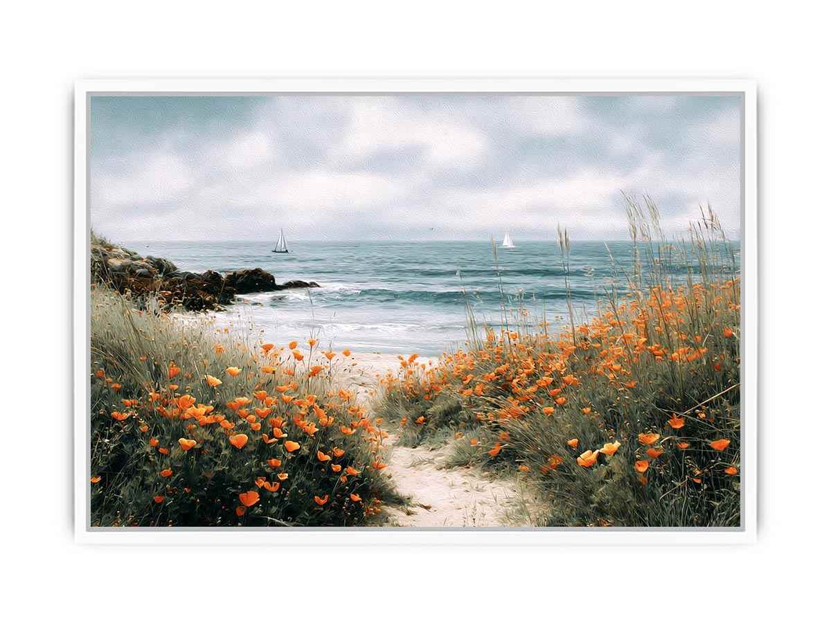 Orange poppy coastal path canvas art for cottage living room wall decor.