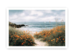 Orange poppy coastal path canvas art for cottage living room wall decor.