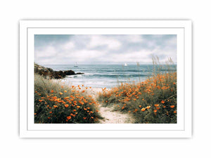 Orange poppy coastal path canvas art for cottage living room wall decor.