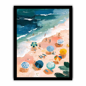 Aerial beach painting with colorful umbrellas and teal waves for coastal living room decor