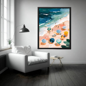 Aerial beach painting with colorful umbrellas and teal waves for coastal living room decor