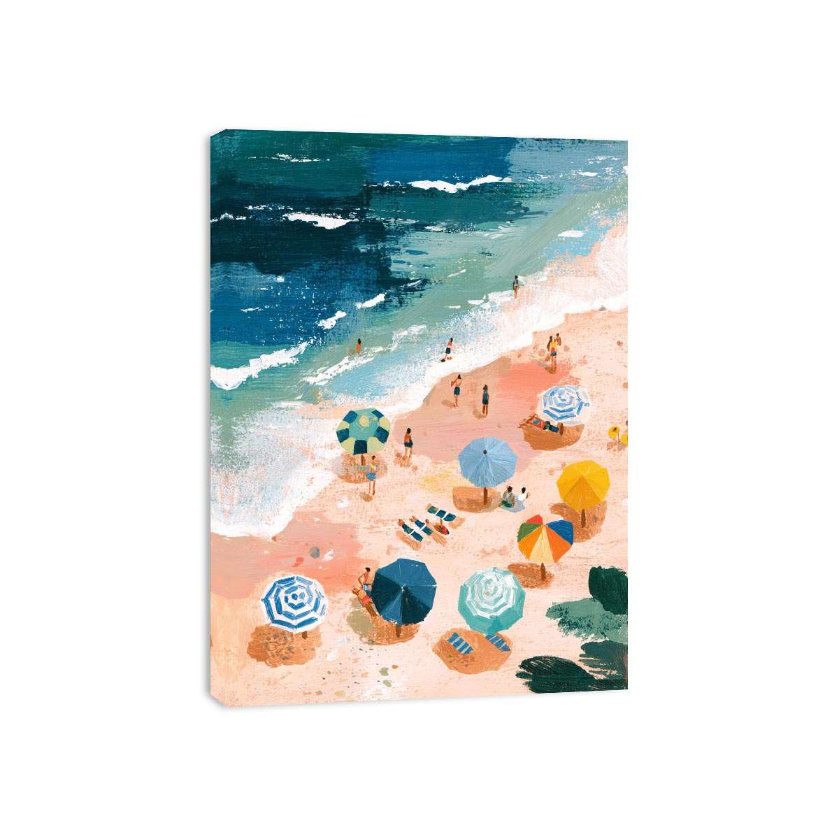 Aerial beach painting with colorful umbrellas and teal waves for coastal living room decor