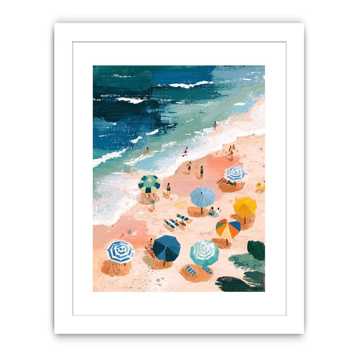 Aerial beach painting with colorful umbrellas and teal waves for coastal living room decor