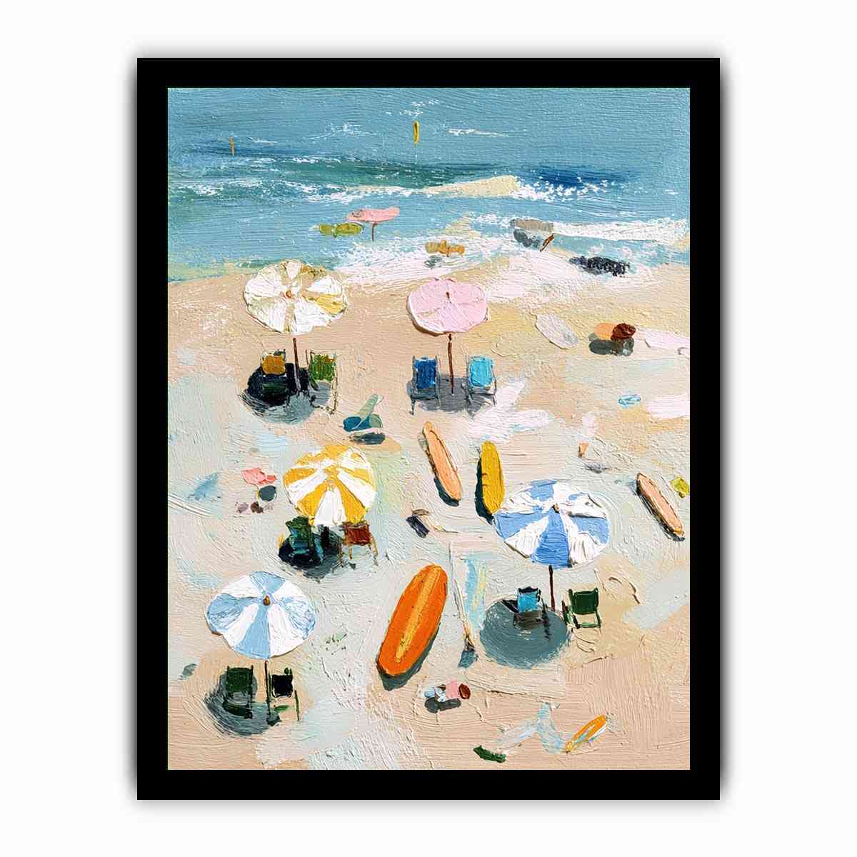Textured beach canvas print with umbrellas, surfboards and ocean waves for bedroom decor
