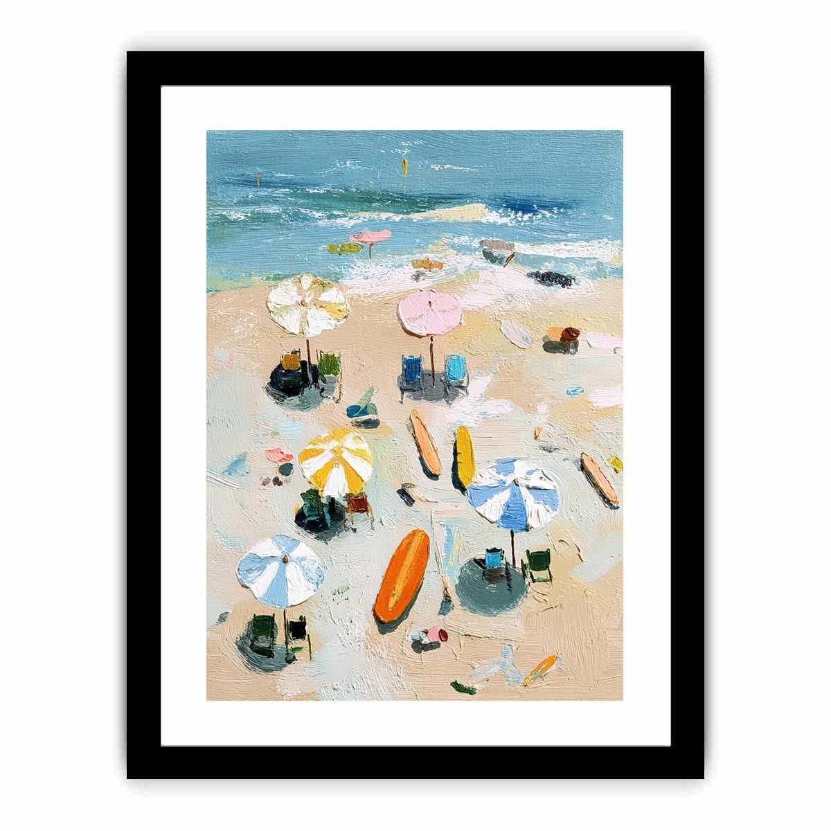 Textured beach canvas print with umbrellas, surfboards and ocean waves for bedroom decor