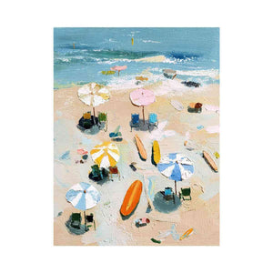 Textured beach canvas print with umbrellas, surfboards and ocean waves for bedroom decor