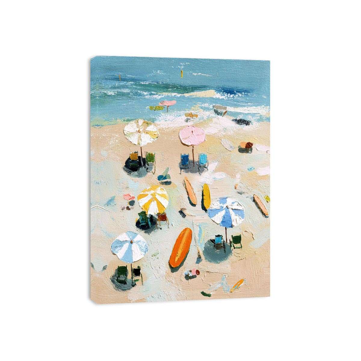 Textured beach canvas print with umbrellas, surfboards and ocean waves for bedroom decor