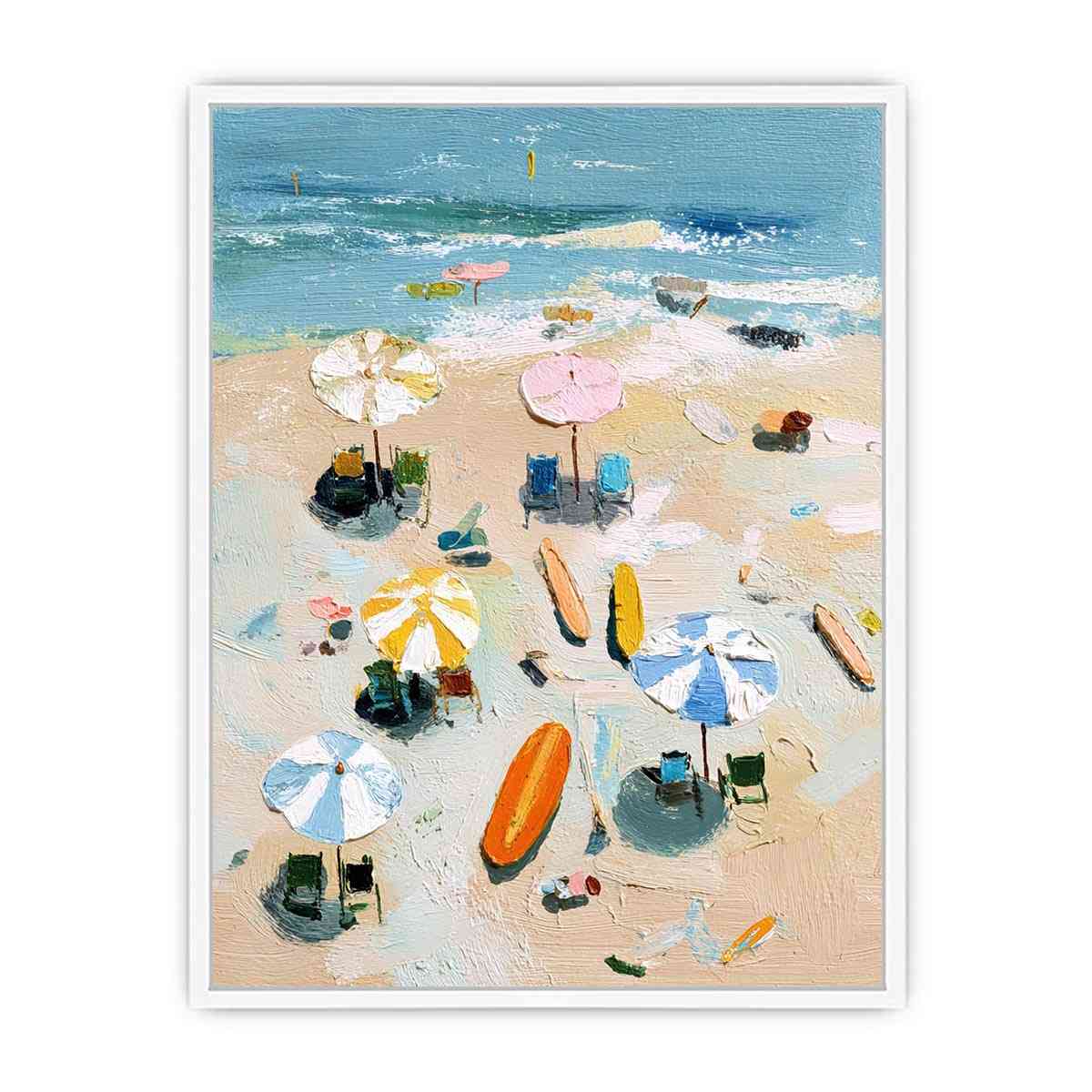 Textured beach canvas print with umbrellas, surfboards and ocean waves for bedroom decor