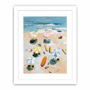 Textured beach canvas print with umbrellas, surfboards and ocean waves for bedroom decor
