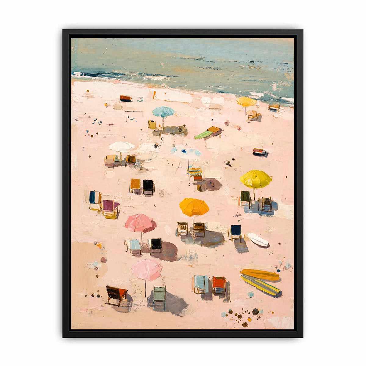 Pastel beach artwork with umbrellas and surfboards for soft coastal bedroom decor