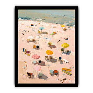 Pastel beach artwork with umbrellas and surfboards for soft coastal bedroom decor
