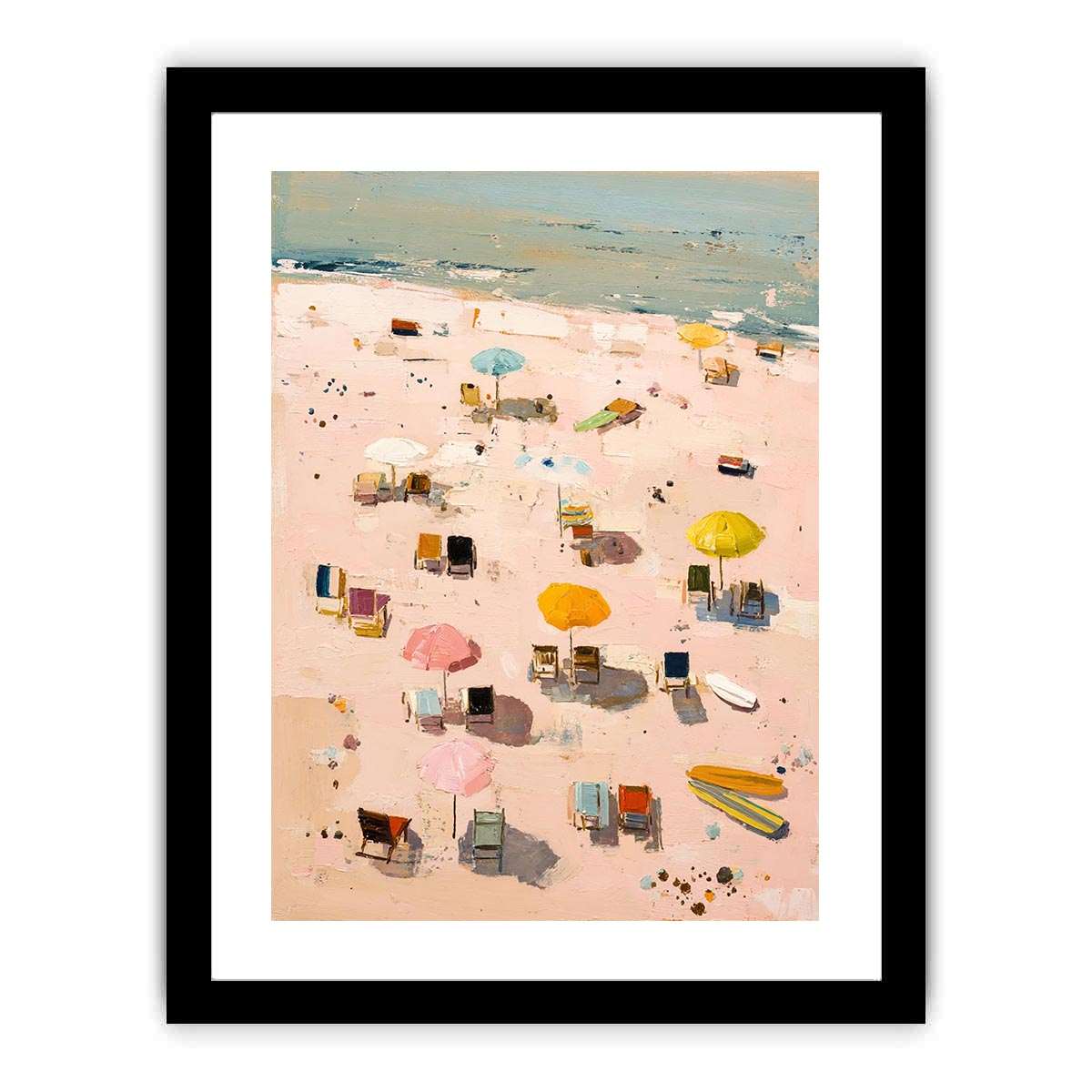 Pastel beach artwork with umbrellas and surfboards for soft coastal bedroom decor