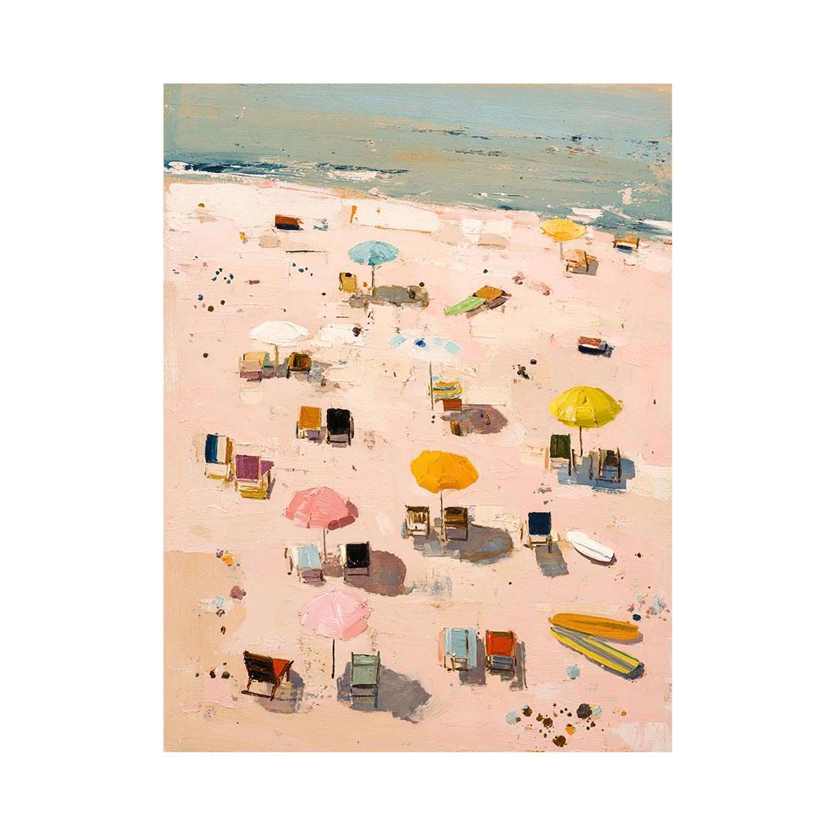 Pastel beach artwork with umbrellas and surfboards for soft coastal bedroom decor