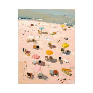 Pastel beach artwork with umbrellas and surfboards for soft coastal bedroom decor