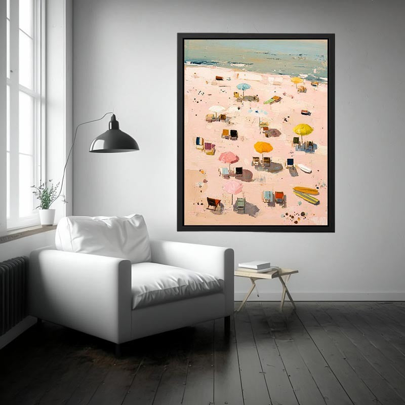 Pastel beach artwork with umbrellas and surfboards for soft coastal bedroom decor