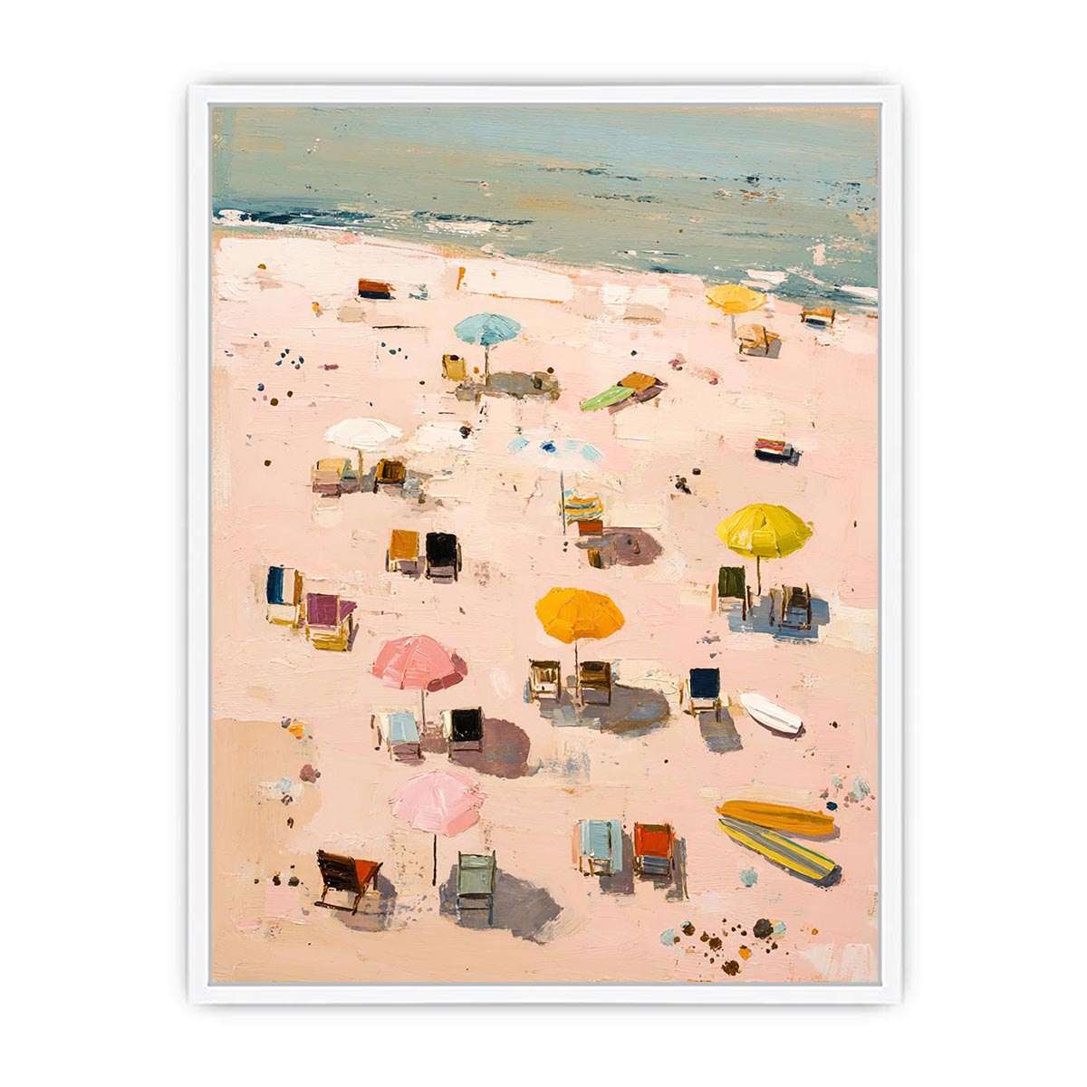 Pastel beach artwork with umbrellas and surfboards for soft coastal bedroom decor
