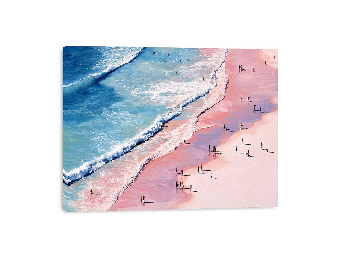 Pink shoreline wall art with turquoise waves and beach walkers for modern coastal living room