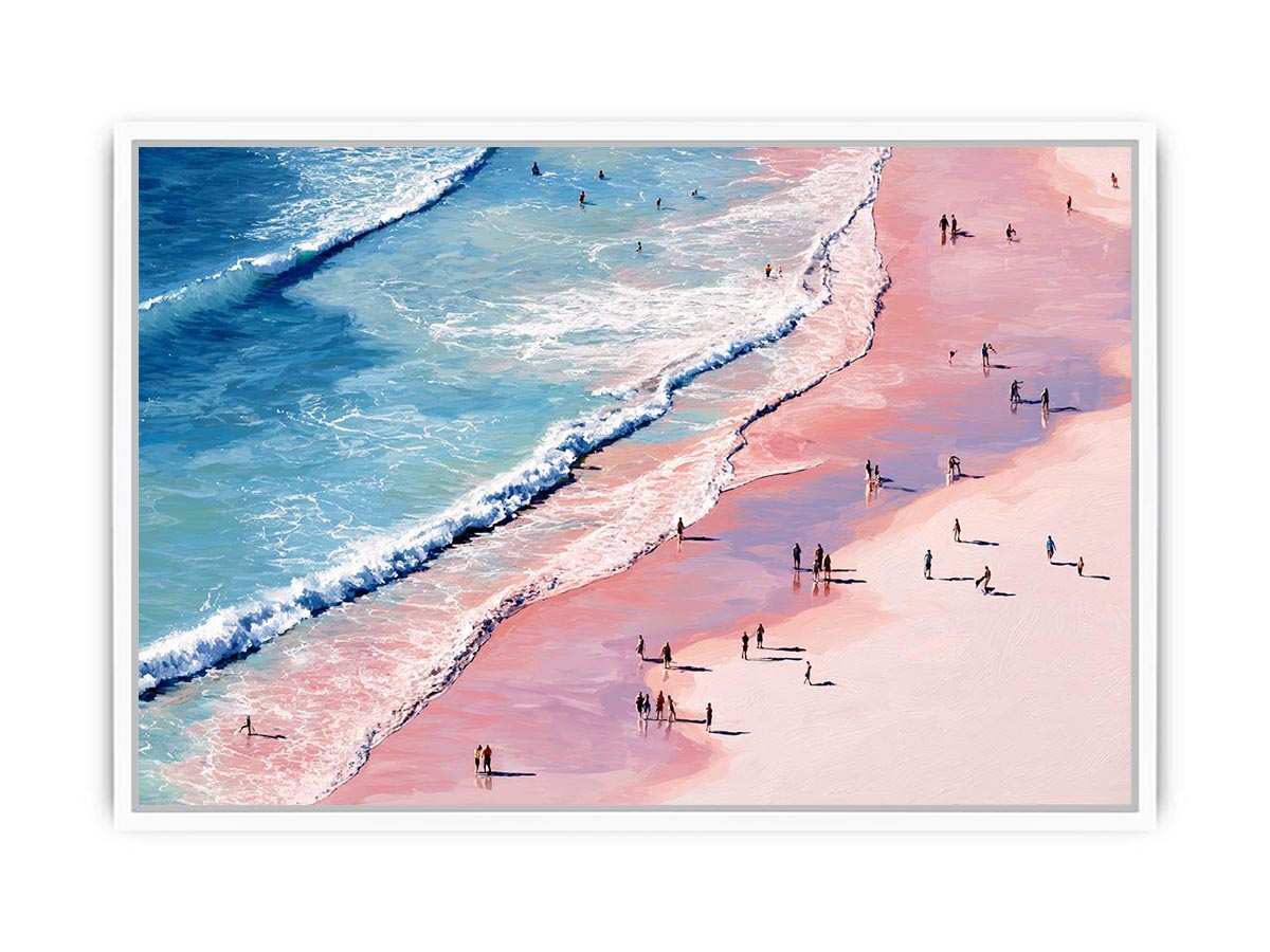 Pink shoreline wall art with turquoise waves and beach walkers for modern coastal living room