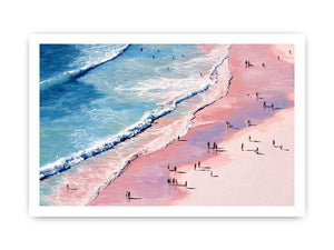 Pink shoreline wall art with turquoise waves and beach walkers for modern coastal living room